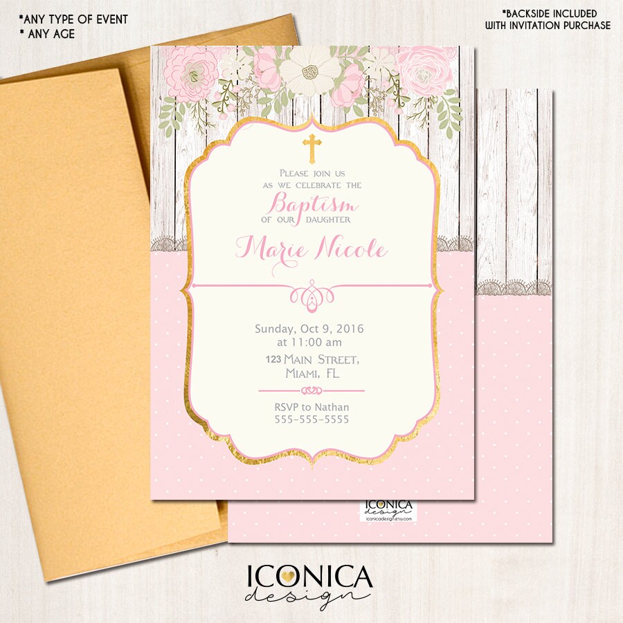 Baptism Invitations Floral Rustic Invite Romantic Etsy