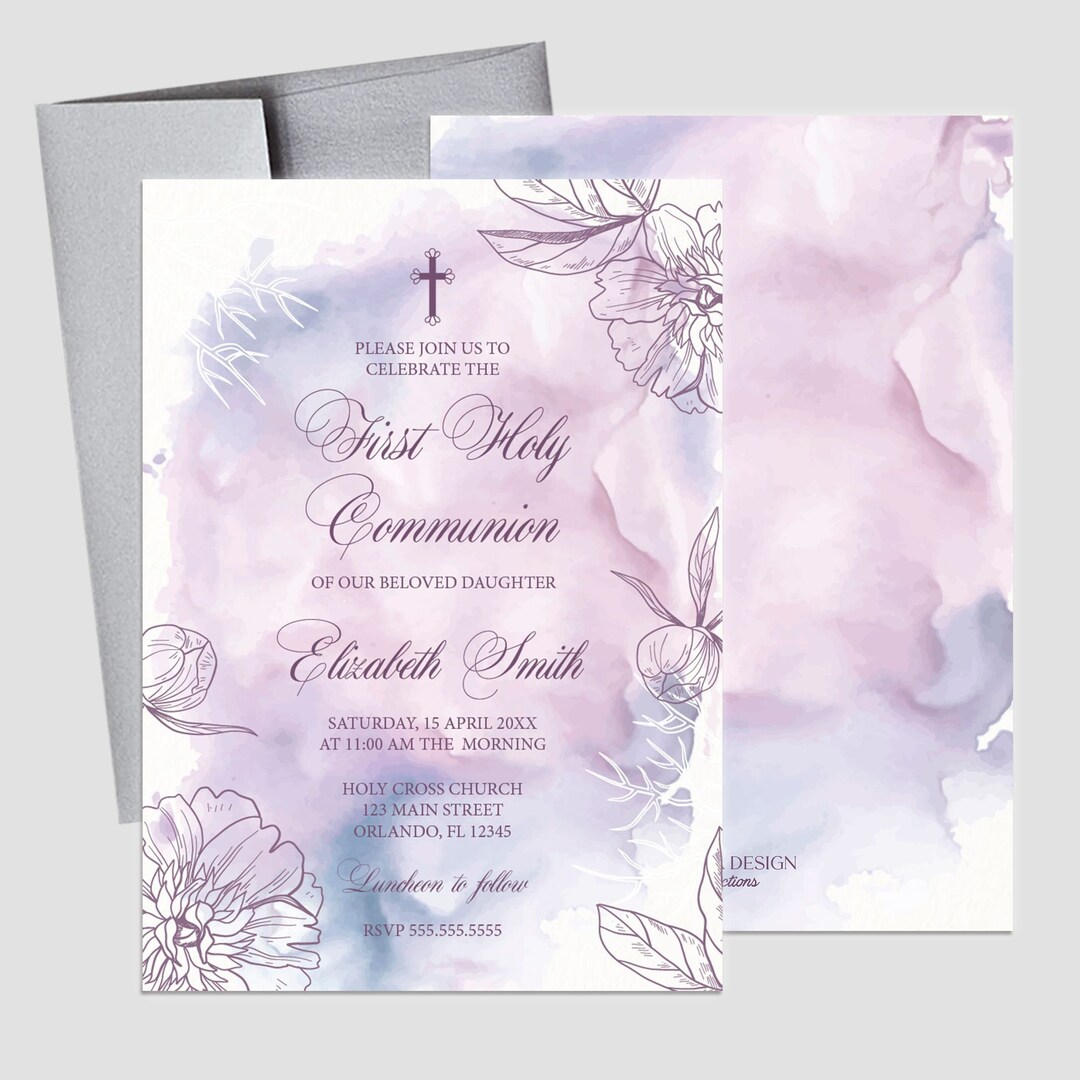 First Communion Invitation Girl, Floral Lavender Watercolor Elegant