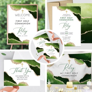 Erstkommunion Einladung Junge Elegante Geode Event Papier Set,Geode Grün Gold Kommunion Sammlung,Religiöse Veranstaltung,weitere Farben verfügbar