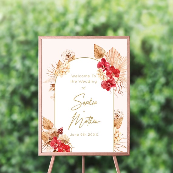 Boho Chic Engagement Welcome Sign, Red Floral Bridal Shower Sign, Sign Printed, Boho Chic Welcome Sign Il_570xn