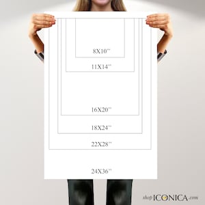 Op de afbeelding: Een witte poster met zwarte tekst die verschillende beschikbare afdrukformaten laat zien. De formaten zijn 8x10 inch, 11x14 inch, 16x20 inch, 18x24 inch, 22x28 inch en 24x36 inch.