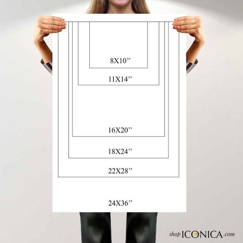 Op de afbeelding: Een witte poster met zwarte tekst die verschillende beschikbare afdrukformaten laat zien. De formaten zijn 8x10 inch, 11x14 inch, 16x20 inch, 18x24 inch, 22x28 inch en 24x36 inch.