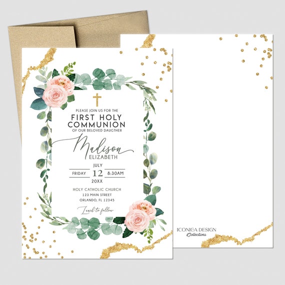 Invito prima comunione ragazza, Invito prima comunione, Inviti eleganti  Blush Pink Greenery Gold, invitaciones comunion -  Italia