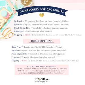 May include: A graphic with the text "Turnaround for Backdrops" in a white banner with a gold heart. The graphic lists the turnaround times for different stages of the backdrop order process, including 1st proof, revisions, final digital files, printing, and shipping. The graphic also includes a section for "Rush Options" and "Expedited Shipping Available!" with details on the different options.