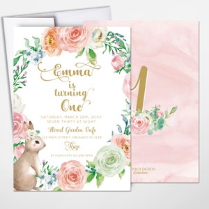 Bunny First Birthday Invitation, Bunny 1st Birthday Cards , Floral Pink Invite, Some Bunny is ONE, Printed, Elegant Floral Garland Easter