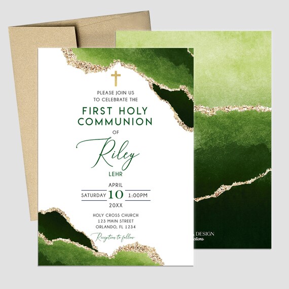 First Communion Invitation Boy or Girl Geode Elegant Invitations,Green Watercolor Geode Invitation,Any Religious Event,More colors available Il_570xn
