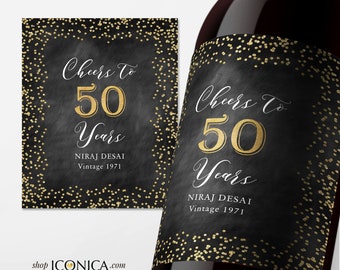 50th Birthday Wine Label Personalized "Cheers to 50 years" Any Age Milestone Birthday Beverage Labels Beer or Champagne labels, Fifty Years