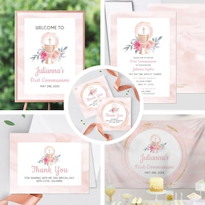 First Communion Invitation Girl Elegant Communion Decorations for Girl Event Paper Set, Pink Gold Chalice Floral Watercolor Design image 1