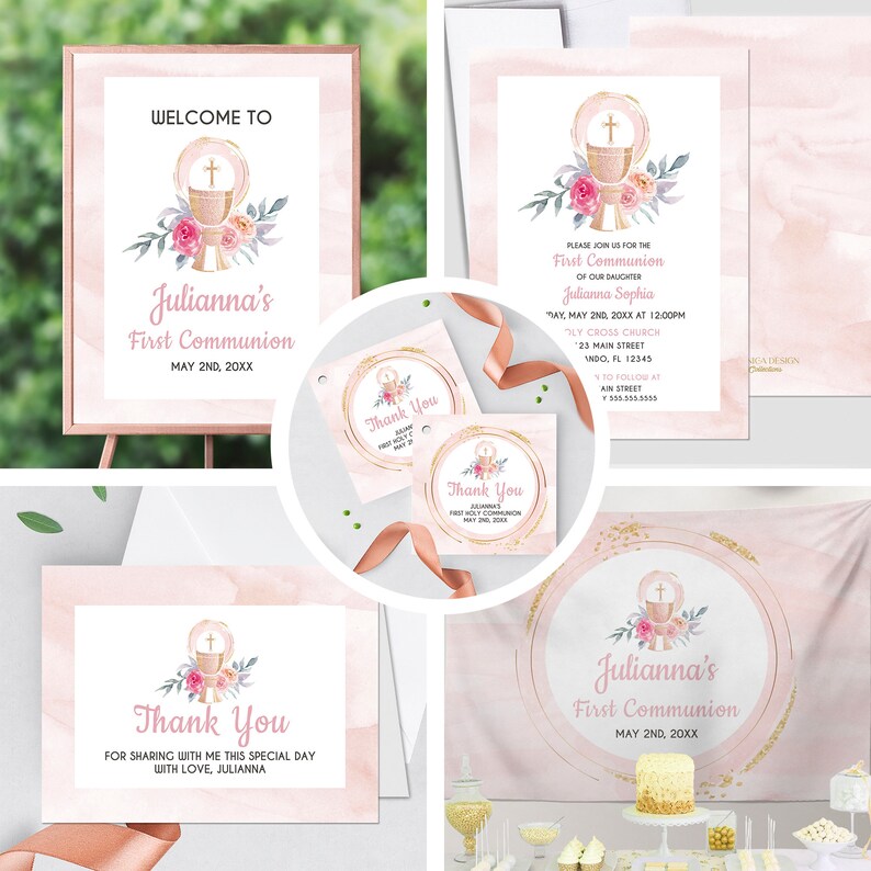 First Communion Invitation Girl Elegant Communion Decorations for Girl Event Paper Set, Pink Gold Chalice Floral Watercolor Design image 1
