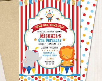Carnival 1st Birthday Invitations or any age Circus Animals Birthday Invitation Big Top Circus Party Printed or Printable File IBD0020