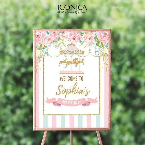 Carousel First Birthday Welcome Sign , Carnival 1st Birthday Sign, Girl Circus First Birthday Sign, Any Age, Printed Or Digital File SWBD004 Il_570xn