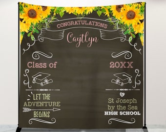 Graduation Party Photo Booth Backdrop, Virtual Graduation, Sunflowers Floral Step and Repeat, Congrats Grad Banner, Printed Or File BGR0021