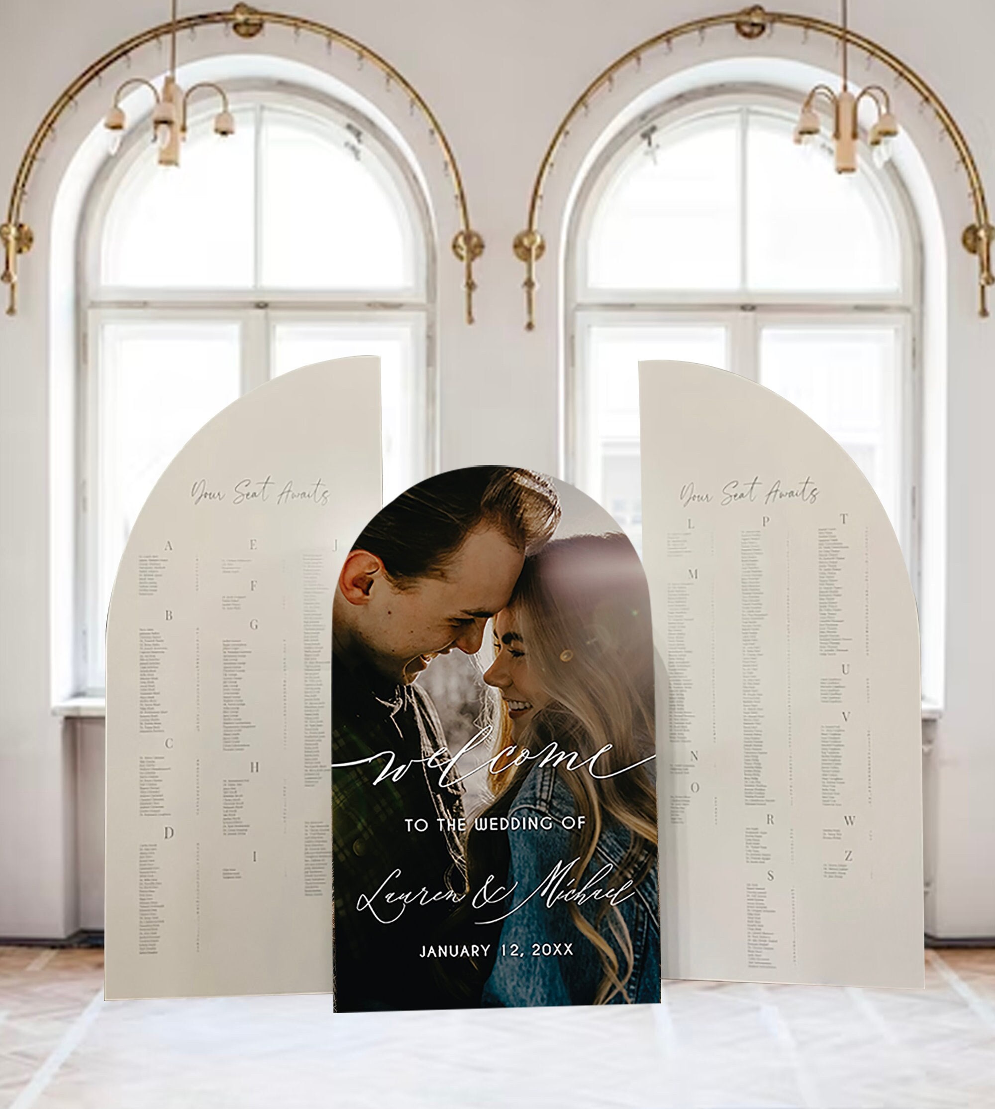 Wedding Seating Chart Large with Picture Alphabetical 3 Arch Wedding Signs Free Standing signage Foam Board Custom text, colors