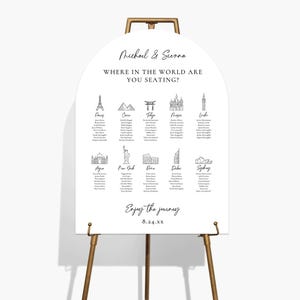 May include: A white wedding seating chart on a gold easel. The chart features a world travel theme with city icons and guest names. Text includes "Michael & Sienna", "Where in the world are you seating?", and "Enjoy the journey".