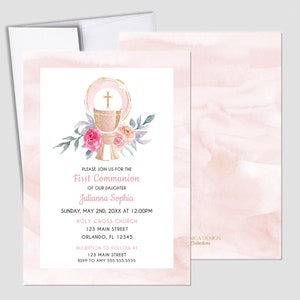 First Communion Invitation Girl Elegant Communion Decorations for Girl Event Paper Set, Pink Gold Chalice Floral Watercolor Design image 3