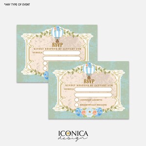 Vintage Hot Air balloon RSVP cards 3.5x2.5" Respond Cards / Non Personalized Text  || Vintage Baby Shower || Mint Green Cards