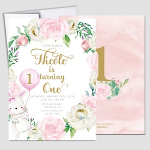 Alcuni Bunny 1 ° compleanno Party Invitation, biglietti di compleanno a tema pasquale, inviti di compleanno Girls Bunny, festa di compleanno cute bunny