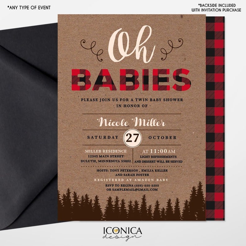 Lumberjack Baby Shower Invitation, Twin Baby Shower, Buffalo check Invitation, Oh Babies invitation, Baby Boy, Free Shipping IBS0026 zdjęcie 1