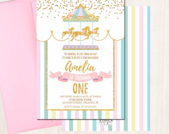 Carousel Birthday Invitation, Carousel Invite, Circus Girl Invitation, Any Age, Any Event, Pastel Colors, Printed Or Printable File Ibd0013