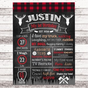 May include: A chalkboard-style birthday sign with the name "Justin" and "My 1st Birthday." It includes stats: 27 inches tall, 22 lbs, and 4 teeth. Favorite things and foods are listed, along with things Justin can do.