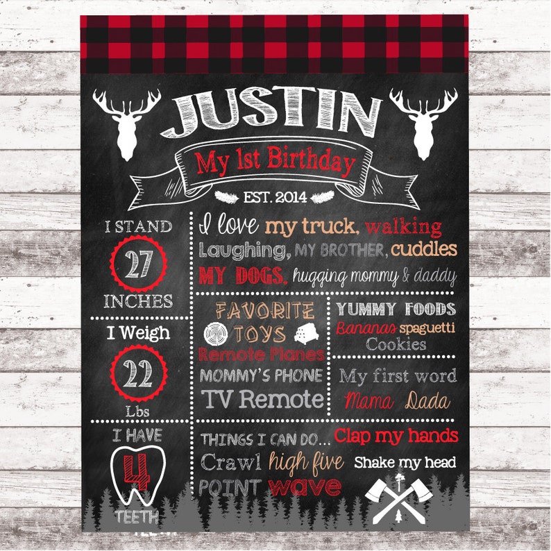 May include: A chalkboard-style birthday sign with the name "Justin" and "My 1st Birthday." It includes stats: 27 inches tall, 22 lbs, and 4 teeth. Favorite things and foods are listed, along with things Justin can do.