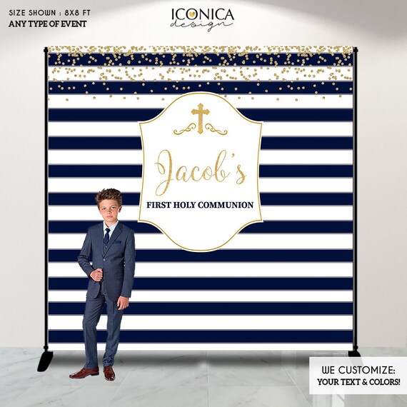 First Communion Photo Booth Backdrop,Blue and Gold Striped Backdrop,Step And Repeat,Printed and Printable File,Free Shipping BFC0015 Il_570xn