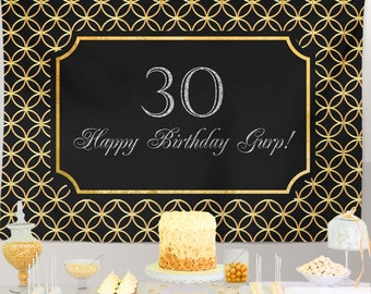 30th Birthday Backdrop, Black and Gold Geometric Banner (Printed or Printable File)