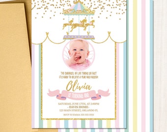 Carousel Birthday Invitation, Pastel Circus Party, Any Age (Printed or Printable)