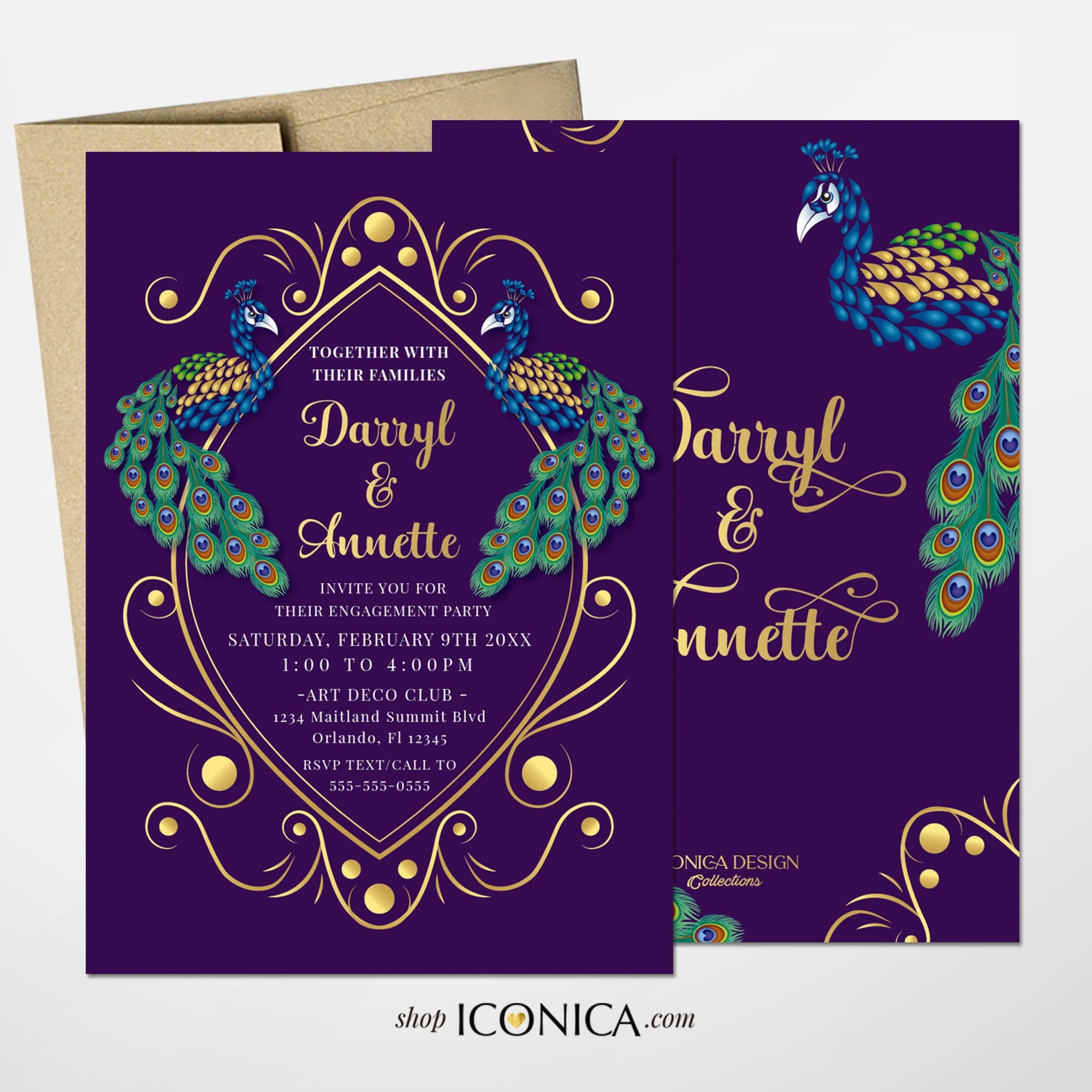 Wedding Invitation Peacock Invitation Deep Purple Green Blue Design Printed  Cards or Electronic Invite annette Collection 