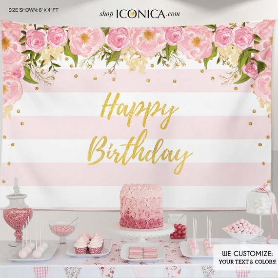 Floral First Birthday Party Backdrop Gold and Pink Dessert Table Banner any age wording Watercolor Garden Party Printed or Printable BBD0003 Il_570xn