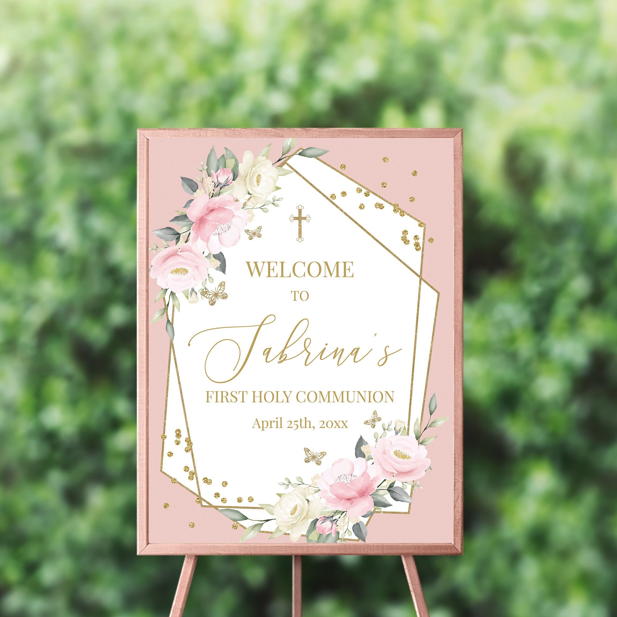 First Communion Welcome Sign Personalized First Communion Welcome Sign | Pink Floral Butterfly ...