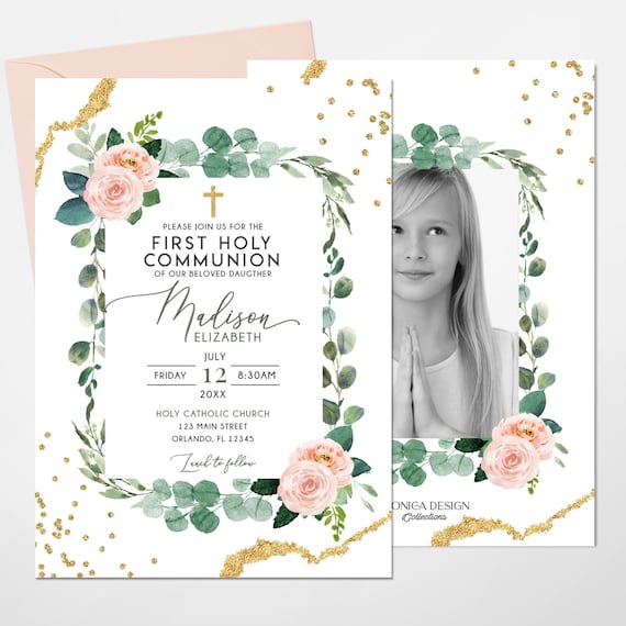 Religious Invites Simple Elegant Digital INSTANT DOWNLOAD Editable |Blush Pink Flowers Girl First Holy Communion Invitation #14