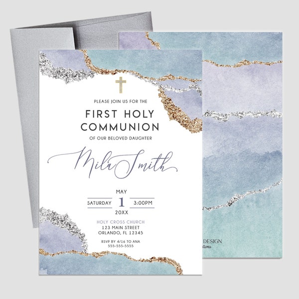 First Communion Invitation Boy or Girl Geode Elegant Invitations, Lilac Watercolor Geode Invitation, Any Religious Event, IFC0022