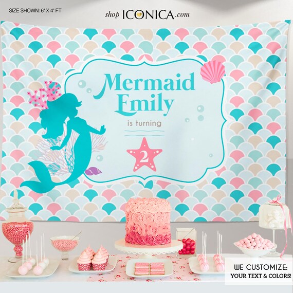 Mermaid Party Backdrop, Under The Sea Party, Mermaid Banner Any Colors Pink And Blue Seashell Backdrop Printed Or Printable File Bbd0054 Il_570xn