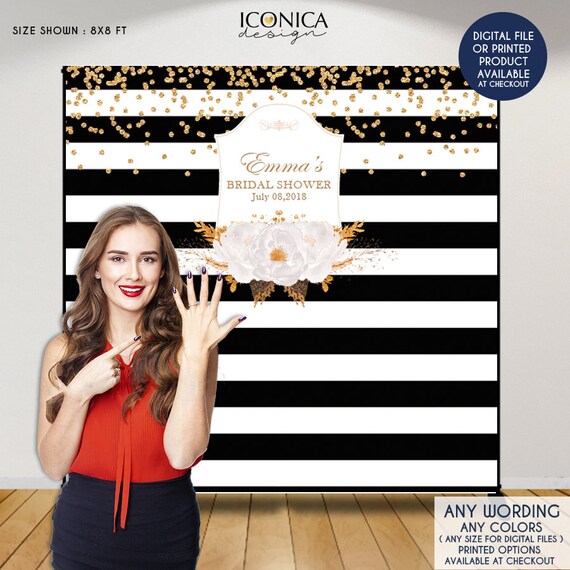 Bridal Shower Backdrop, Elegant Black and White Stripes Banner, Floral Black and White backdrop, Printed or Printable File BBR0035 Il_570xn