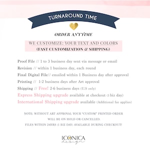 Op de afbeelding: Een afbeelding met een hart en de tekst "TURNAROUND TIME" en "ORDER ANYTIME". De afbeelding bevat ook de tekst "WE CUSTOMIZE: YOUR TEXT AND COLORS (FAST CUSTOMIZATION & SHIPPING)" en details over de doorlooptijd voor de verschillende fasen van het bestelproces, inclusief proefbestand, revisie, definitief digitaal bestand, printen en verzending.