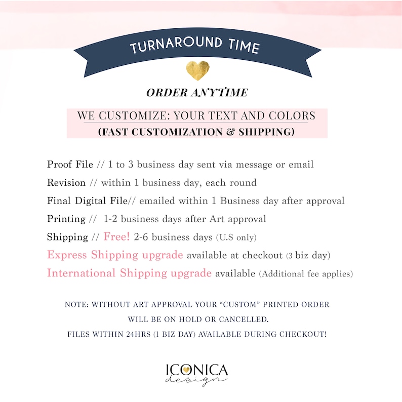 Op de afbeelding: Een afbeelding met een hart en de tekst "TURNAROUND TIME" en "ORDER ANYTIME". De afbeelding bevat ook de tekst "WE CUSTOMIZE: YOUR TEXT AND COLORS (FAST CUSTOMIZATION & SHIPPING)" en details over de doorlooptijd voor de verschillende fasen van het bestelproces, inclusief proefbestand, revisie, definitief digitaal bestand, printen en verzending.