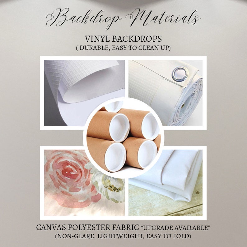 May include: A collage of images showing different backdrop materials. The top left image shows a white vinyl backdrop rolled up. The top right image shows a white vinyl backdrop with a metal grommet. The bottom left image shows a floral canvas backdrop. The bottom right image shows a white canvas backdrop folded. The text "Backdrop Materials" is at the top of the image. The text "Vinyl Backdrops (Durable, Easy to Clean Up)" is below the top images. The text "Canvas Polyester Fabric "Upgrade Available" (Non-Glare, Lightweight, Easy to Fold)" is below the bottom images.