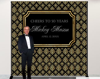 50th Birthday party Backdrop Damask Print,Photo Backdrop,Custom Step And Repeat,Gold Damask,Printed Or Printable File Free Shipping Bbd0030