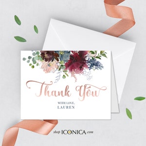 Cartes de remerciement A2 épais Imprimés papier mat 120# A2 Plié Floral Rose Bourgogne et Bleu, Enveloppes blanches inclus {Wish Collection}