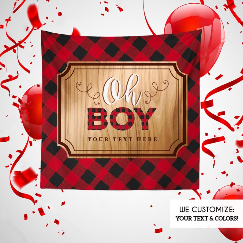 Lumberjack Baby Shower Backdrop Oh Boy Personalized Buffalo Plaid vinyl banner decor, buffalo plaid party backdrop, Holiday Plaid, BBD0149 image 3