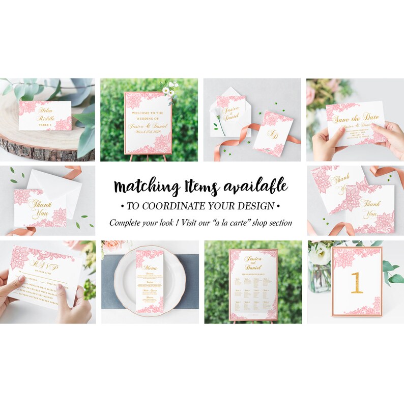 May include: A set of wedding stationery featuring a pink and gold floral design. The set includes save the date cards, RSVP cards, thank you cards, a welcome sign, a menu, a seating chart, and a table number card.