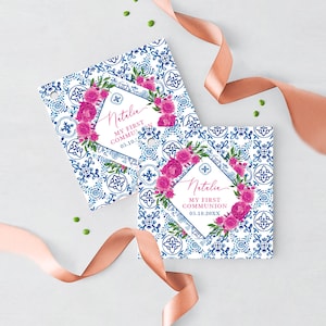Bedankkaartjes eerste communie Bedrukt gepersonaliseerde Toscaanse blauwe tegels Roze bloemdessin, elke tekst, Toscaanse cadeaukaartjes, bedankkaartjes