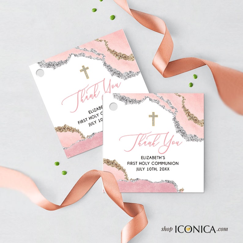 Geode First Communion Favor Tags Personalized Any text or type of event Geode Gift Tags Thank you Tags Printed image 1