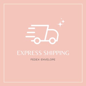 May include: A white line drawing of a delivery truck with speed lines, set against a pale pink background. The words "EXPRESS SHIPPING" are below the truck, with "FEDEX ENVELOPE" underneath.