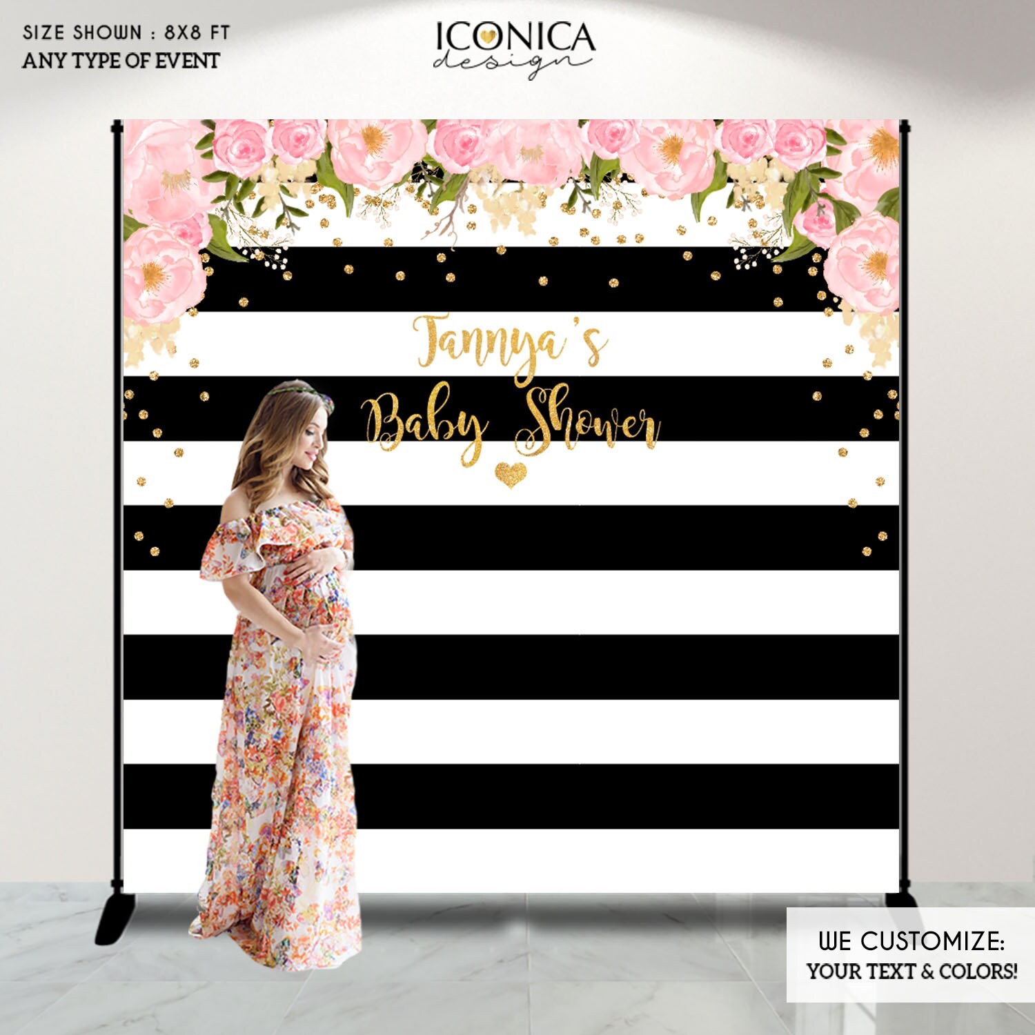 Pink Black Stripes Twins Custom Baby Shower Backdrop