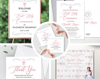 May include: A set of printable party decorations for a First Holy Communion celebration. The decorations include a welcome sign, thank you cards, an invitation, and a backdrop with the name "Elizabeth Thompson" and a chalice design.