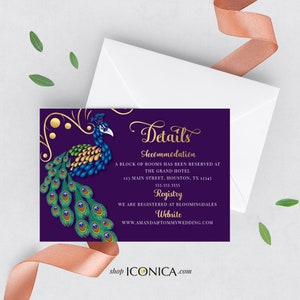Karta z motywem pawia 3,5 x 5 cali Karty drukowane Karty z informacjami o pawiu, Karta RSVP Karty z przepisami - Kolekcja Peacock {Kolekcja Annette}