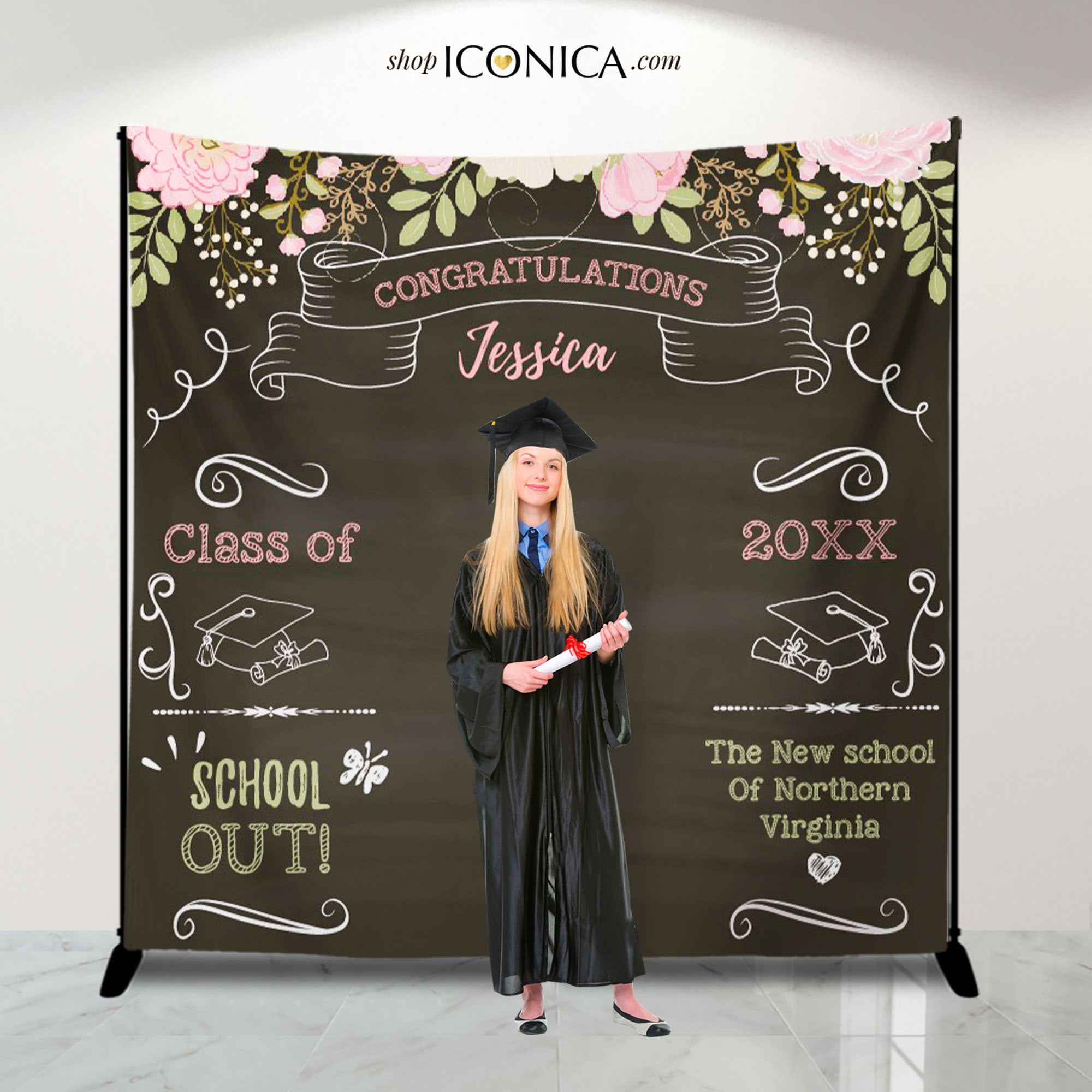 Graduation Party Class of 2025 Photo Booth Backdrop Floral Pink Graduation Step and Repeat Selfie Station Banner, Printed Or Printable File
