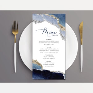 Geode Navy Blue Menu Card 9.25 x 4 Printed Menus, Elegant Menu Stationery, Boy or Girl Geode, Blue Watercolor Geode Menu